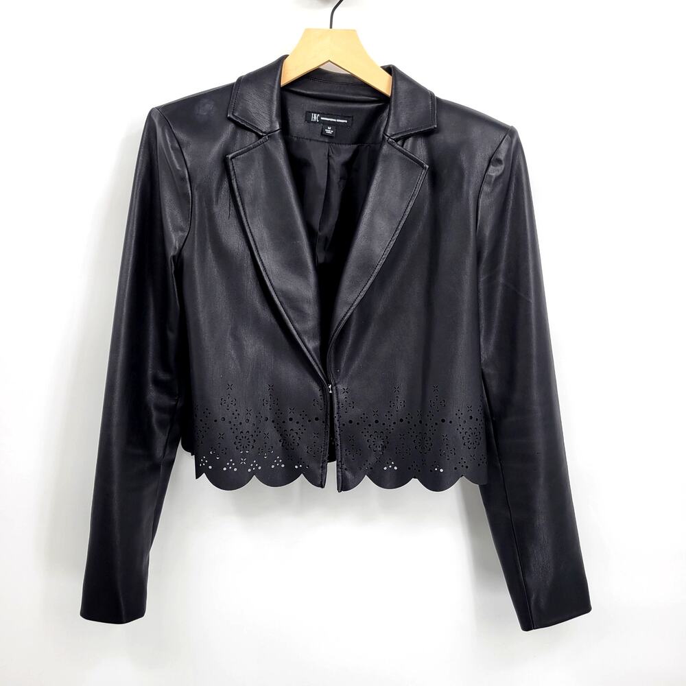 Inc M Black Cropped Leather Jacket Collared Long Sleeve Lasercut Open